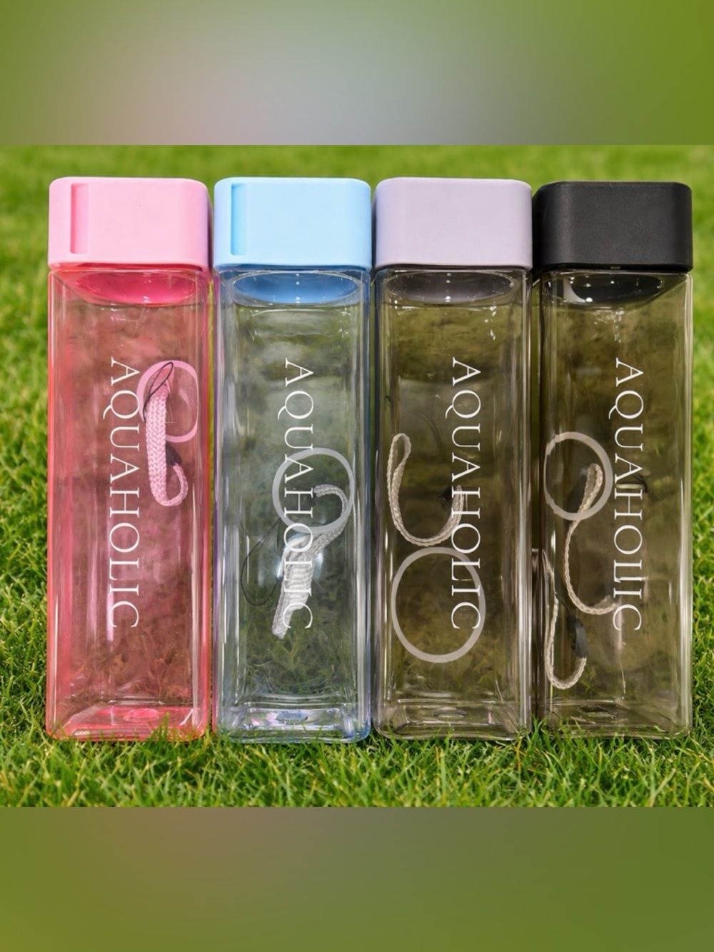 Set of 4 AQUAHOLIC Clear Water Bottle (Variety in Colors)